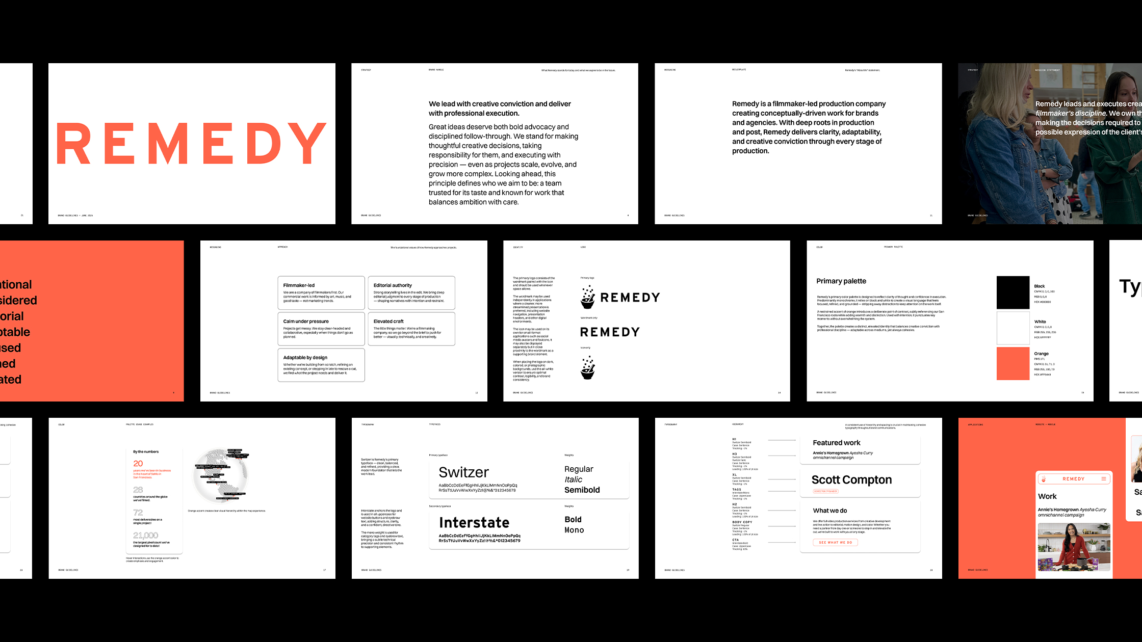 Grid of pages from Remedy brand guidelines