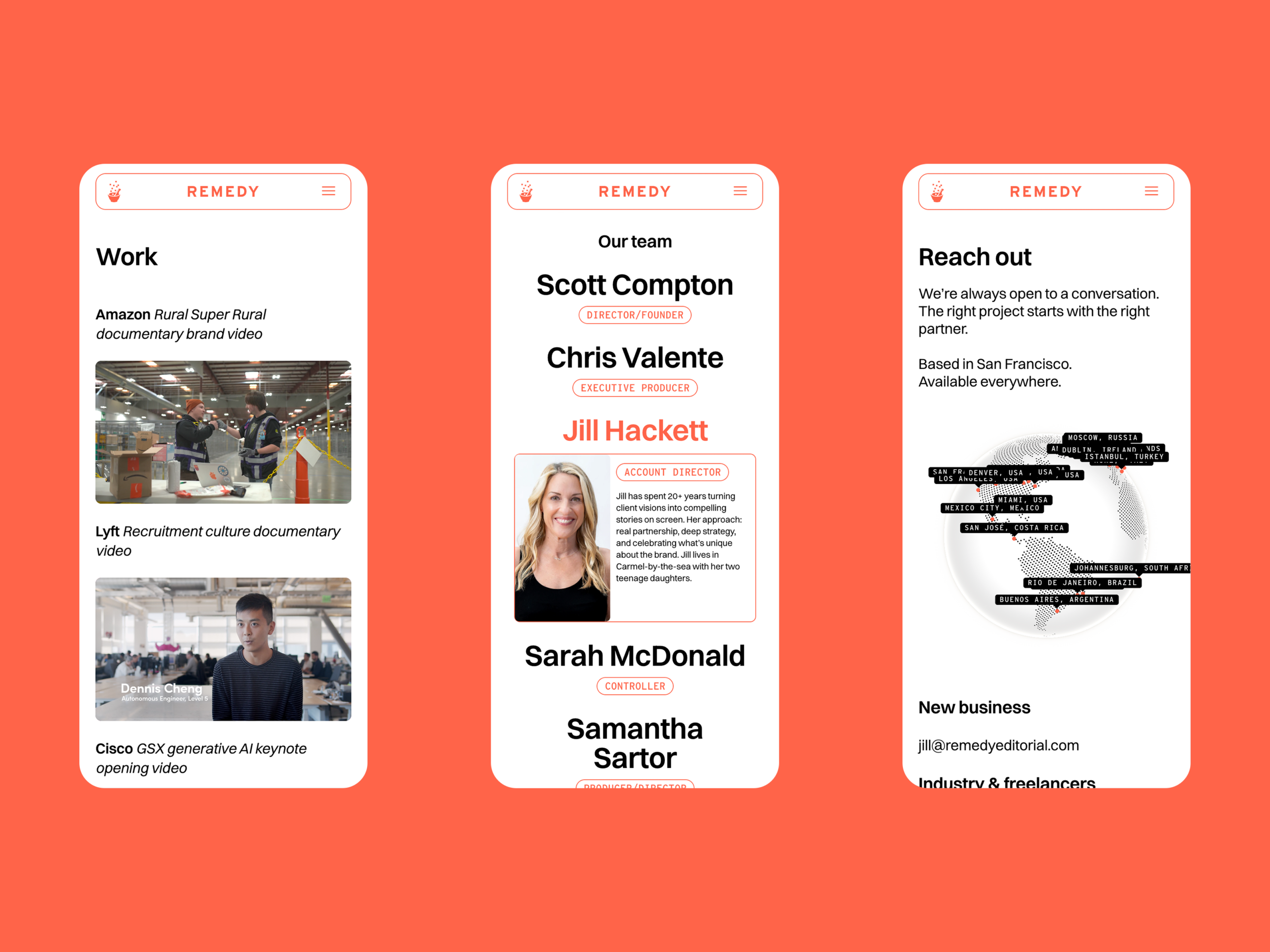 Mobile layouts of three pages